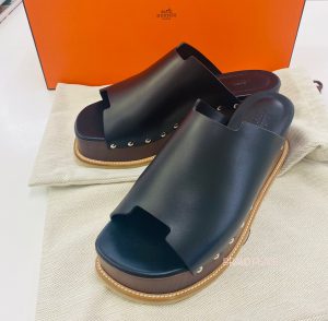 エルメス エリプス 厚底 サンダル レディース レザー メタルスタッズ ブラック